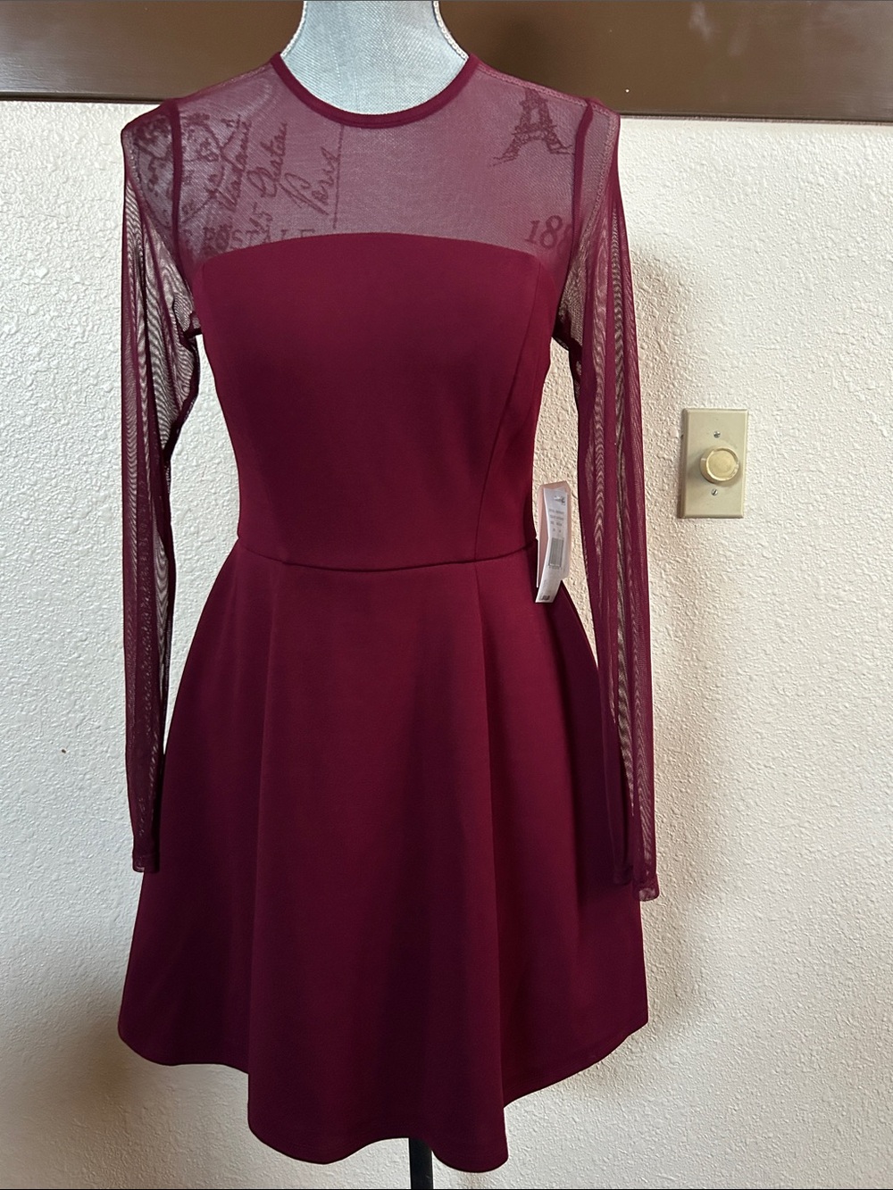 Long-Sleeve Burgundy Mesh Yoke Fit & Flare Dress